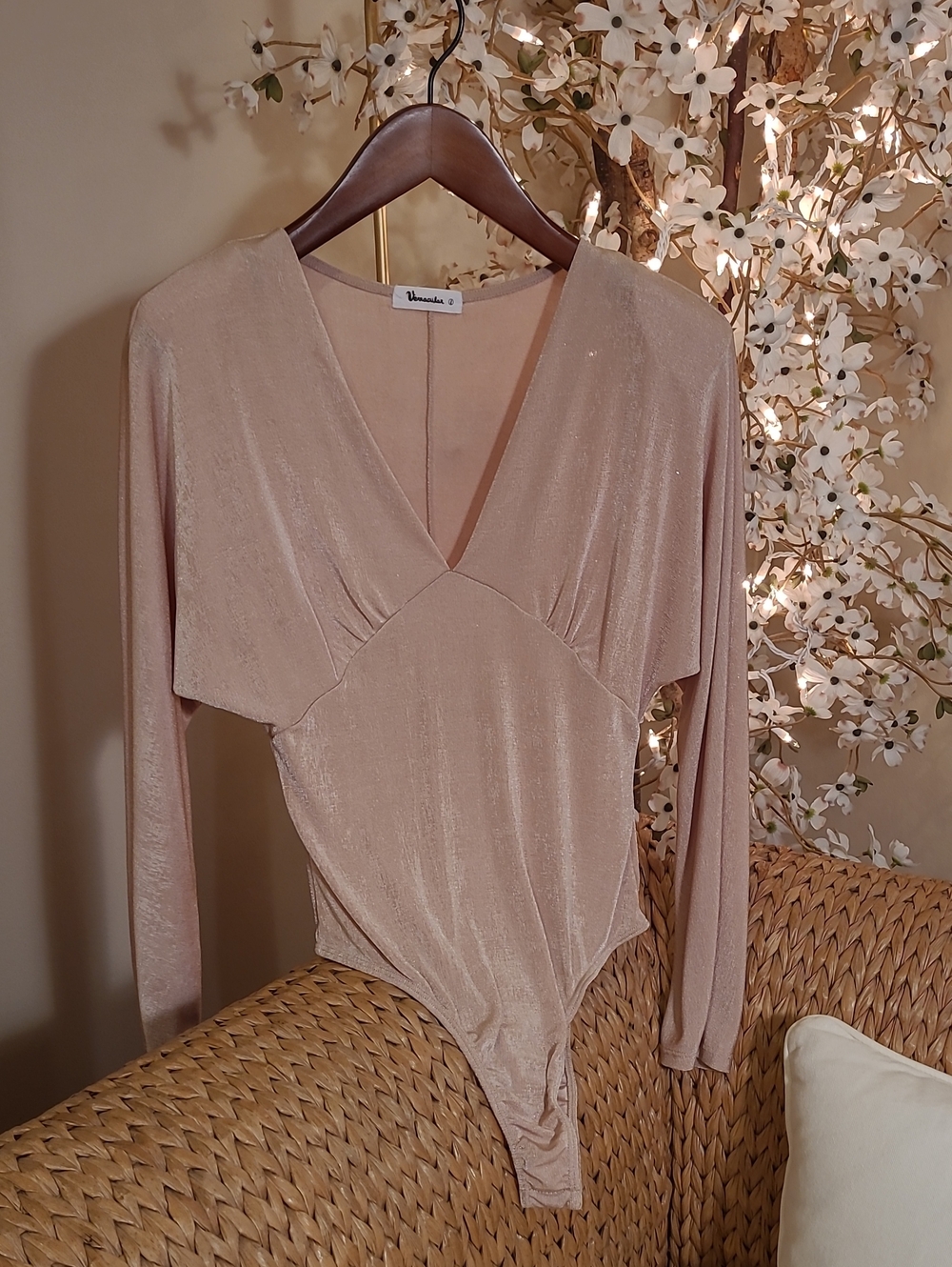 Champagne Shimmer Bodysuit with Dolman Sleeves and Shoulder Pads